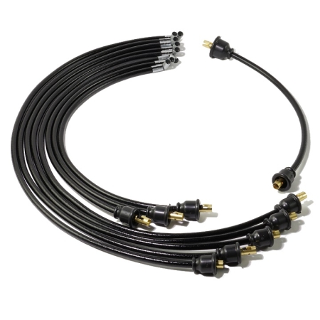 An 8-cylinder spark plug wire set with straight boots and terminals on one end and right angle terminals on the other. The coil wire has straight terminals and boots on both ends.