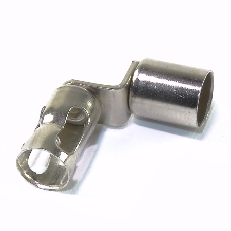Right-angle nickel-plated brass rajah cage terminal.