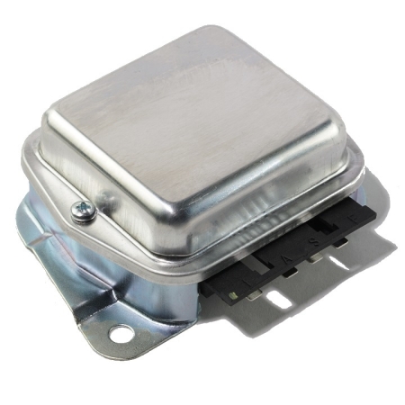 12-volt alternator voltage regulator with a silver metal cover and black electrical connector.