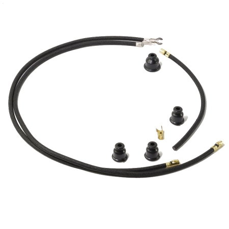 A 2-cylinder wire set with straight terminals on one end and forked terminals on the other. The coil wire has a straight terminal on one end and the other terminal is shipped loose for ease of installation.