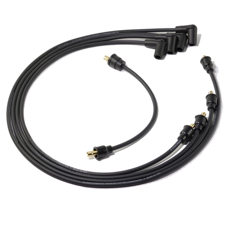 Black 4-cylinder tailored spark plug wire set with right-angle boots and brass terminals.