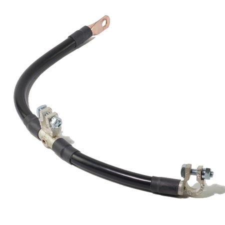 A black battery cable with a lug on one end, a right-angle terminal on the other end, and a terminal in the middle of the cable as well.
