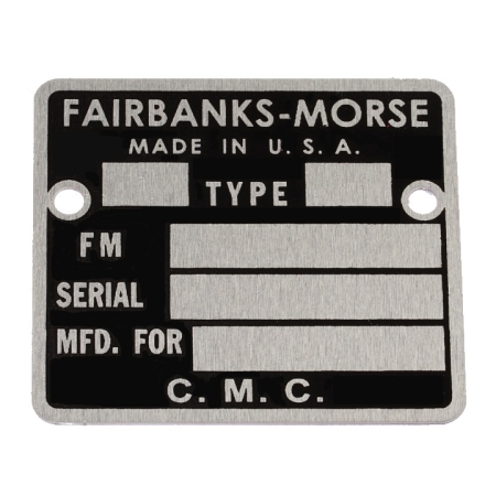 A black tag with silver stamp fields.