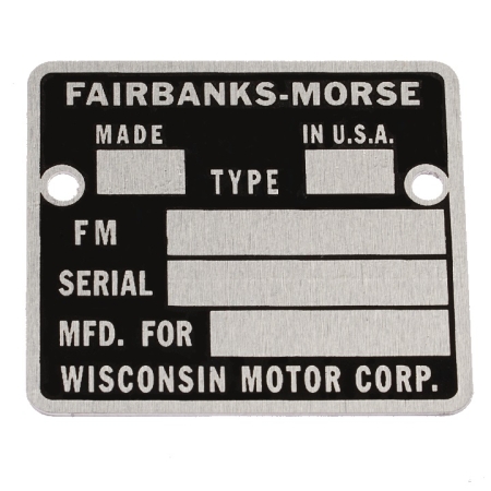 A black tag with silver stamp fields.