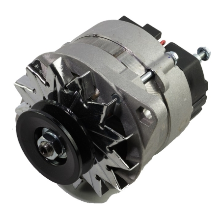 12-volt alternator with silver housing, black pulley, and chrome cooling fan.