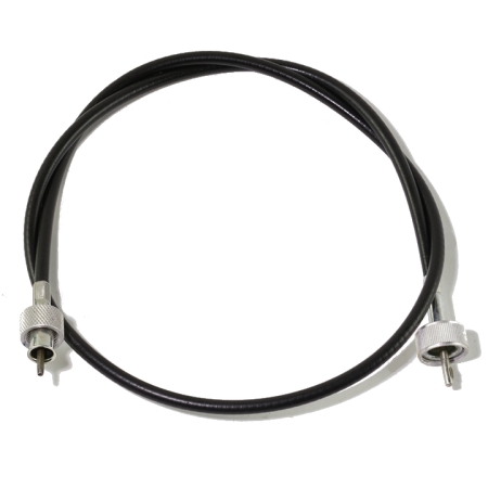 Coiled black tachometer cable with knurled silver metal connectors on each end.