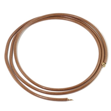 Coiled brown braided spark plug wire with brass eyelet terminals.