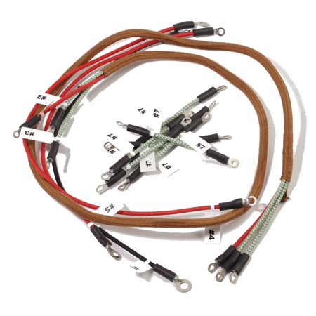 Complete wire harness kit featuring labeled brown cloth-covered, red, and patterned wires with ring terminals.