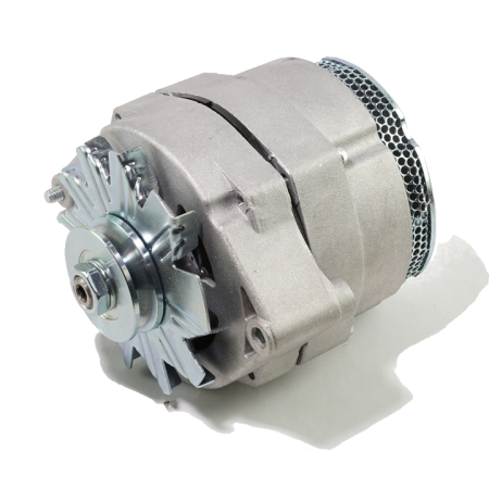 Delco 10SI alternator featuring a silver casing, front cooling fan, pulley, and rear mesh grille.