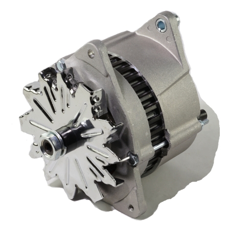 12-volt Lucas alternator featuring a silver metal housing and a chrome star-shaped cooling fan.