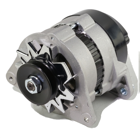 12-Volt Lucas alternator with metallic housing, black pulley, and chrome fan.